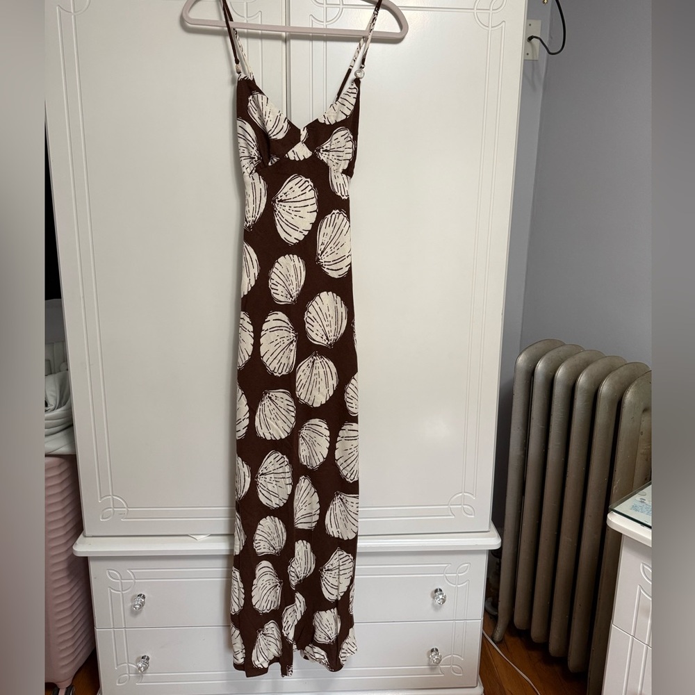 Brown and White Shell Print Slip Dress - Women's